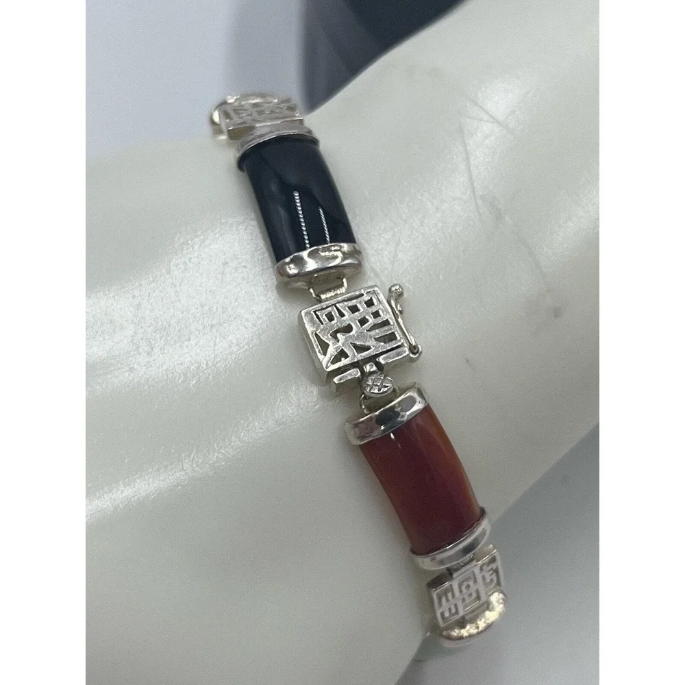 Vintage 1960's Signed Chinese Jadeite Sterling Panel Link Bracelet 7.5